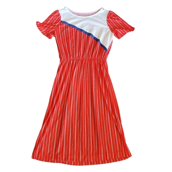 Vintage 70s Red With & Blue Striped Bluson Short Sleeve Day Dress - Picture 5 of 8